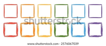 Crayon square kids frames. Set of colorful hand-drawn design elements created with chalk or pencil in childish style. Vector artwork with stroke line borders for children educational materials.