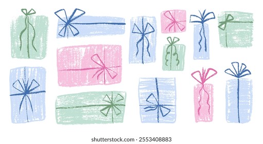 Crayon square and rectangle gift box set. Present packaging with ribbon bows. Collection of festive elements in doodle scribble style. Preppy prize symbol. Vector illustration on white background.