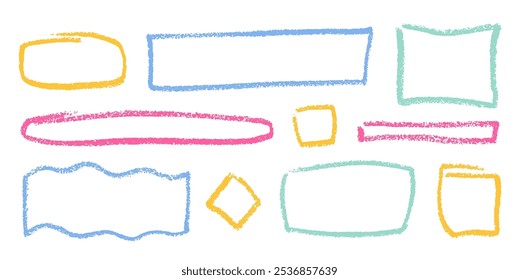 Crayon Square Shapes Vector Set. Chalk Scribble Rectangle Highlight Collection. Colorful Hand Drawn Brush Texture Dialogue Text Frames. Pencil Emphasis Elements Charcoal Doodle Balloons Bundle