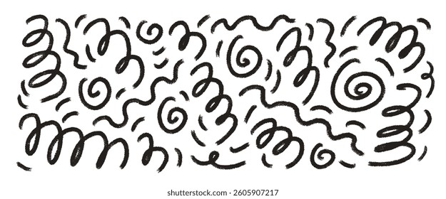 Crayon squiggle wavy shapes. wiggle hand drawn confetti set. Vector black grunge pencil brush strokes lines collection. Curve and swirls vector doodle elements. Curly ink spirals and swooshes.