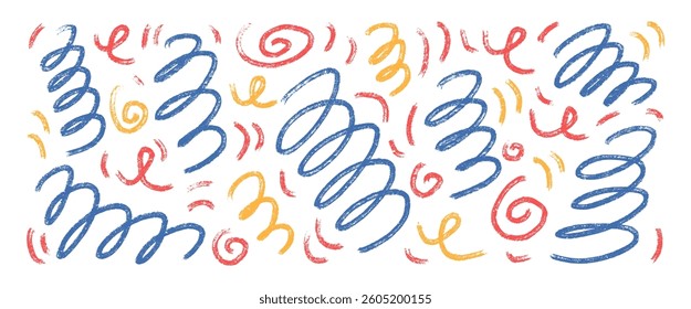 Crayon squiggles lines. Hand drawn kids confetti. Brush stroke linear scribble elements set isolated on white background. Scribble party celebration decoration..