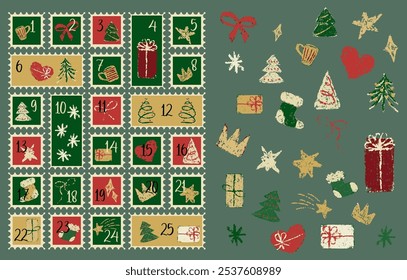 Patrón de calendario de adviento de Navidades de sello de crayón. Antiguas niño pintando para el número de cuenta para el saludo de Papá Noel. La etiqueta tradicional de Navidad es un garabato infantil para la cuenta regresiva de la víspera de fiestas. Colección postal