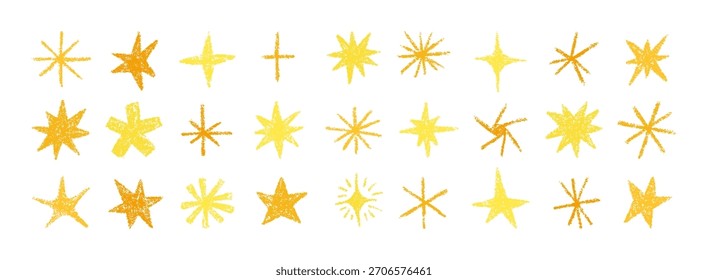 Crayon Star and Asterisk Icons Set. Vector Collection Hand Drawn Doodle Shapes of Stars in Yellow Color. Charcoal Sparkle Elements in Kids Style for Creative Designs and Backgrounds.
