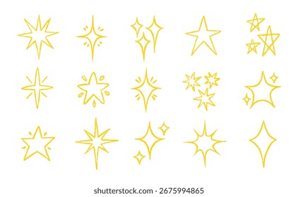 Crayon Star Doodle Set en estilo dibujado a mano. Incluye estrellas amarillas, motivos celestes y Formas de tiza infantil para Diseños espaciales lindos o Ilustraciones mágicas.