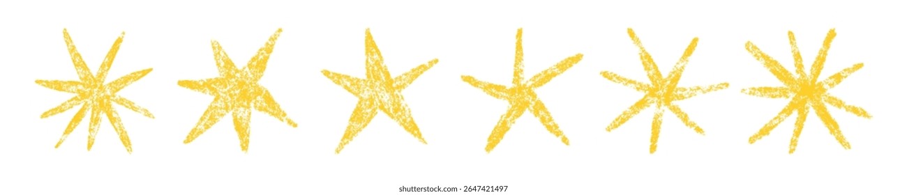 Crayon star drawing. Doodle chalk star symbol. Hand drawn childish pastel design element. Crayon texture shine. Pencil sketch twinkle icon. Vector illustration on white background.