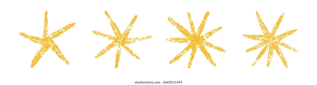 Crayon star drawing. Yellow doodle chalk star symbol. Hand drawn childish pastel design element. Crayon texture shine. Pencil sketch twinkle icon. Vector illustration on white background.