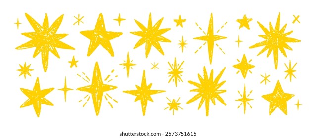 Crayon star, hand drawn pencil or brush doodle pattern. Pastel texture, color background with star figure. Vector chalk sketch, shape. Sticker icon of sparkle figure. Crayon pastel school scribble bg