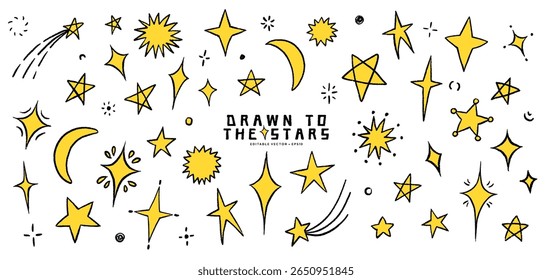 Crayon Star and Moon Doodle Set in Hand-Drawn Style. Includes Spark Yellow Stars, Sky Motifs and Childlike Chalk Shapes for Cute Space Designs or Magical Illustrations.