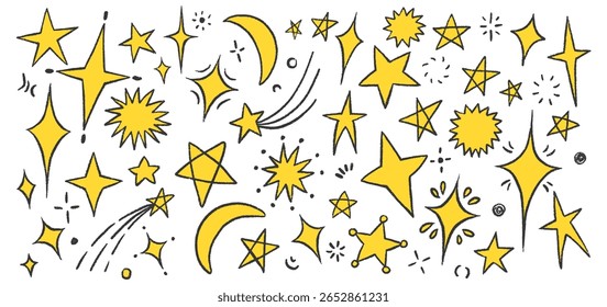 Crayon Star and Moon Doodle Set in Hand-Drawn Style. Includes Spark Yellow Stars, Sky Motifs and Childlike Chalk Shapes for Cute Space Designs or Magical Illustrations.