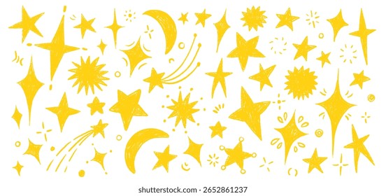 Crayon Star and Moon Doodle Set in Hand-Drawn Style. Includes Spark Yellow Stars, Sky Motifs and Childlike Chalk Shapes for Cute Space Designs or Magical Illustrations.