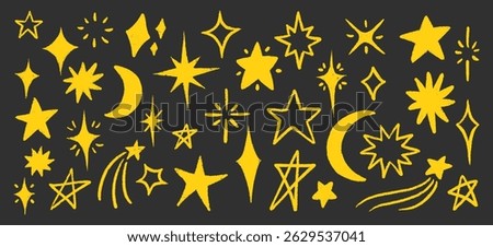 Crayon Star and Moon Doodle Set in Hand-Drawn Style. Includes Spark Yellow Stars, Sky Motifs and Childlike Chalk Shapes for Cute Space Designs or Magical Illustrations.