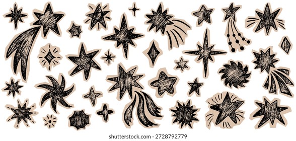 Crayon estrella scrapbook collage elemento colección. Mano dibujada explosión, explosión, bling, brillo, destello, estrella fugaz conjunto con papel de lágrima de arte beige. Garabato de tiza rasgada de Vector, Elementos pastel