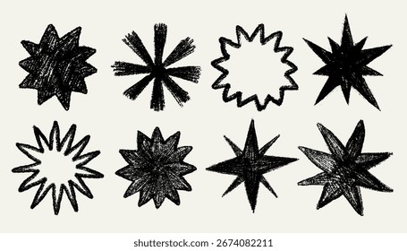 Estrela de giz de cera definida com textura de esboço em preto, mão desenhada pontiaguda e abstrato formas de estrela no estilo de giz divertido. Ilustração de estrela de giz de cera com textura de esboço. Perfeito para adesivos, cartazes, impressões