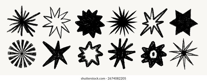 Crayon star set with hand drawn sketch texture in black, different star shapes in chalk style. Star set illustration with textured crayon and doodle effect. Perfect for stickers, prints, posters.