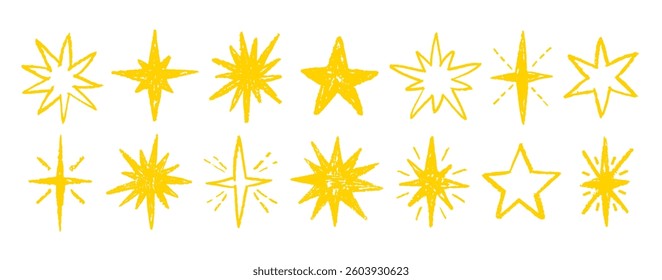 Crayon star shape, hand drawn pencil line doodle pattern. Pastel brush texture, color background. Star figure. Vector chalk line sketch. Sticker icon, sparkle figure. Crayon pastel school scribble bg