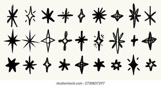 Stern aus Buntstift und funkelndes Vektorset mit rauer Bleistifttextur. Handgezeichnete Doodle-Sterne, Kreuze und funkelt im Kreidestil. Ideal für Tapete, Stoff, Papier, Druck, Kinder-Projekte