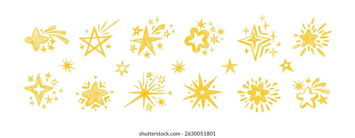 Crayon star. Vector magic golden sky, cosmic children motif. Set of doodle collection. Wax pencil, chalk set. Grunge texture on transparent bg. Merry Christmas and Happy New Year doodle light firework