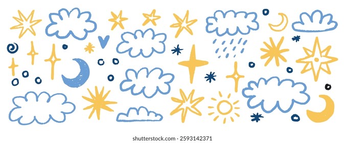 crayon stars, clouds and moon doodle hand drawn icon set. Colorful kids crayon sky elements isolated on white background. Vector illustration