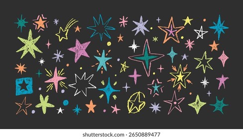 Crayon stars. Colorful pencil hand drawn sparkles, bursts with chalk crayon texture on dark background. Comet, meteor cosmic icons. Kids scribble, Christmas doodle decoration. Vector isolated set.