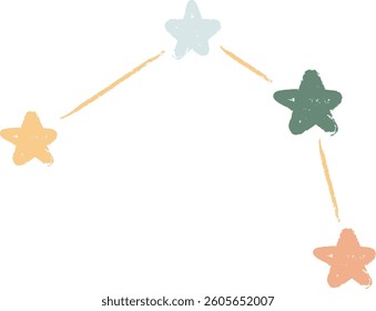 Crayon stars connected by lines in a playful style. Hand-drawn star shapes linked with sketch-like lines create a whimsical pattern. Cartoon vector illustration