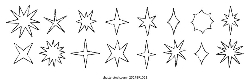 Estrelas de giz de cera e símbolos brilhantes no estilo de esboço. Figura cômica grunge sobre um fundo branco. Ilustração de vetor de textura.