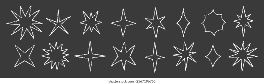 Crayon stars and glowing symbols in sketch style. Grunge comic figure on a black background. Texture vector illustration.