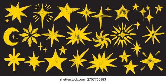 Estrelas de Crayon e conjunto de lua. Formas cósmicas mágicas com lápis de cera e elementos de arte com giz. Motivo do céu de crianças desenhado à mão com textura grunge. Ilustrações de giz de cera vetorial sobre fundo transparente