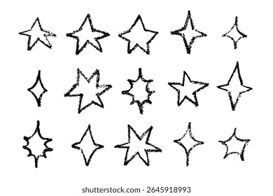 Crayon stars vector icon set. Hand drawn texture, chalk childish twinkle shapes.