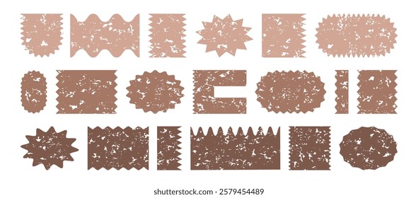 Crayon sticker wavy shape mocha mousse color, charcoal stamp rectangle, oval border icon grunge texture, wave edge frame set. Star burst label, price tag corrugated, promo badge. Vector illustration