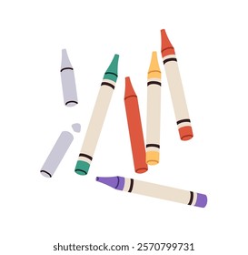 Crayon sticks, oil pastel pencils, wax colors. Art supplies, tools for drawing and painting. Messy artists stationery, colour accessories. Flat vector illustration isolated on white background