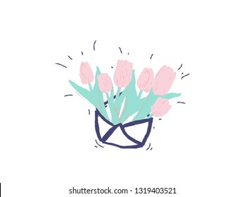 Crayon stile hand drawn envelope with tulips. Icon, logo design element with spring flowers composition on white background. Top view elements in pale tender colors.