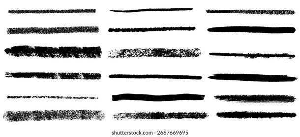 Conjunto de líneas Horizontales rectas de crayón. Trazos rasguñosos con bordes ásperos. Dibujado a mano líneas de lápiz de carbón, garabatos, manchas, tachones. El estilo Doodle subraya los Elementos. Ilustración vectorial