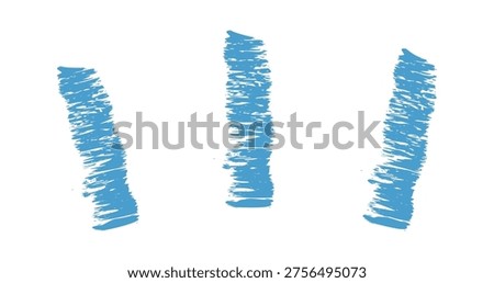 Crayon stroke trio with rough scribble texture and uneven edges on blank background. Symbol of craft, spontaneity, and handmade doodle energy for branding and layout. Cartoon vector illustration.