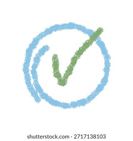 Crayon style check box with tick and circle icon. Sketch symbol in blue and green with hand drawn mark. Modern checkbox element graphic for simple icon or symbol.