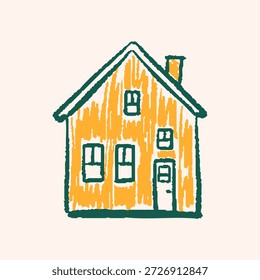 Crayon estilo desenho de uma casa acolhedora simples. Casa amarela desenhada à mão com contorno verde, chaminé e janelas. Ilustração de doodle de vetor bonito