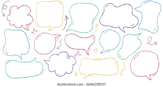 Crayon style hand drawn speech bubbles and talk clouds for text. Cute pastel dialog frames and doodle balloons for kids. Chalk line cartoon boxes with handwriting effect from Japanese design.