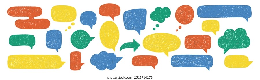 Crayon style handwriting cute speech bubble set. Comic frame with chalk texture. Cartoon vector illustration.