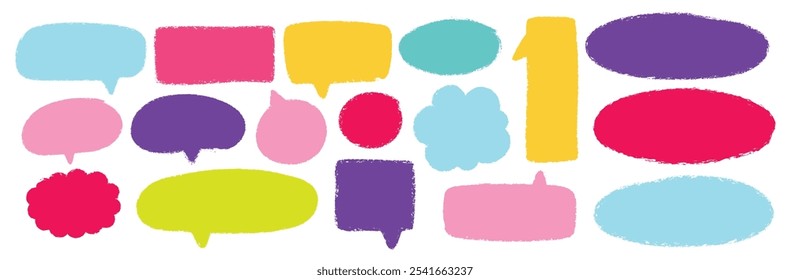 Crayon style handwriting cute speech bubble set. Comic frame with chalk or pastel texture. Cartoon vector illustration.