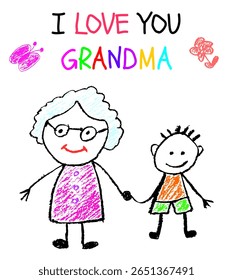 Desenho de crianças estilo Crayon de uma vovó sorridente e neto de mãos dadas, com eu te amo texto vovó, uma ilustração pastel bonito para um cartão de saudação ou cartaz do Dia dos Avós