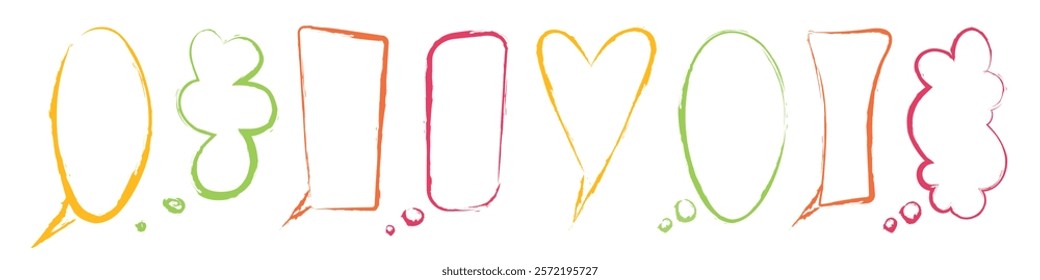 Crayon style speech bubble collection with multicolor outlines. Hand drawn cartoon dialog shapes. Chat communication elements with round, rectangular, heart shaped borders for message design.
