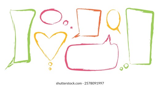 Crayon style speech bubble collection with multicolor outlines. Hand drawn cartoon dialog shapes. Chat communication elements with round, rectangular, heart shaped borders for message design.