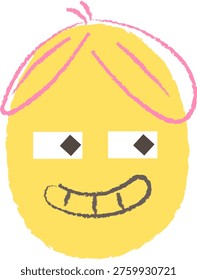 Crayon Style Yellow Cartoon Face Emoji with Pink Hair and a Toothy Grin Illustration