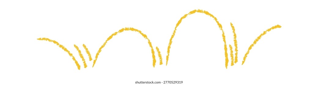 Crayon swoosh lines form bouncing arcs with textured strokes and dynamic curves. Symbol of movement, speed, energy, and kinetic flow. Cartoon vector illustration.