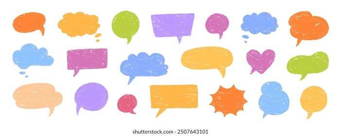 Crayon talk speech balloon frame doodle vector. Hand drawn crayon doodle speech cloud bubble set. Chalk texture sketch text talk cloud balloon frame background. Vector illustration.