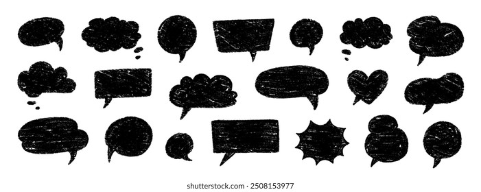 Crayon talk speech balloon frame doodle vector. Hand drawn crayon doodle speech cloud bubble set. Chalk texture sketch text talk cloud balloon frame background. Vector illustration.