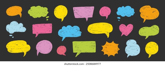 Crayon talk speech balloon frame doodle vector. Hand drawn crayon doodle speech cloud bubble set. Chalk texture sketch text talk cloud balloon frame background. Vector illustration.