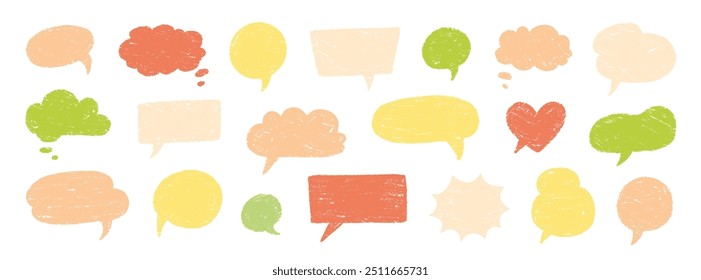Crayon discurso de habla globo marco doodle Vector. Dibujado a mano crayon doodle discurso nube burbuja conjunto. Fondo de marco de globo de nube de charla de texto de boceto de textura de tiza. Ilustración vectorial.