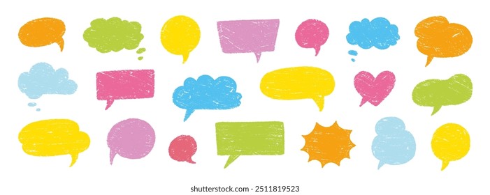 Crayon talk speech balloon frame doodle vector. Hand drawn crayon doodle speech cloud bubble set. Chalk texture sketch text talk cloud balloon frame background. Vector illustration.