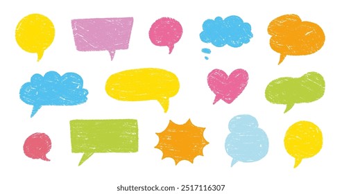 Crayon talk speech balloon frame doodle vector. Hand drawn crayon doodle speech cloud bubble set. Chalk texture sketch text talk cloud balloon frame background. Vector illustration.