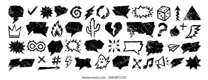 Burbuja de discurso de charla de crayón con caja de texto de crayón y globo de tiza doodle dibujado en textura de Vector grunge. Los Elementos ásperos de Crayon talk incluyen flechas, marcos de bosquejo, íconos y signos de chat.